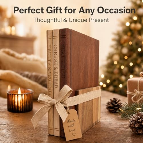 TRYLIFE Book Cutting Board Set of 3 with Stand - The Cutting Board Library, Wood Cutting Boards & Wooden Utensil Set - Charcuterie Boards for Kitchen, Home Decor Gift