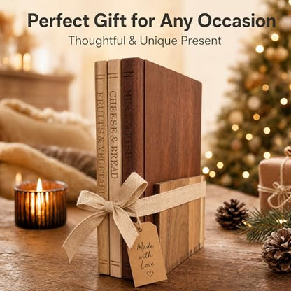 TRYLIFE Book Cutting Board Set of 3 with Stand - The Cutting Board Library, Wood Cutting Boards & Wooden Utensil Set - Charcuterie Boards for Kitchen, Home Decor Gift