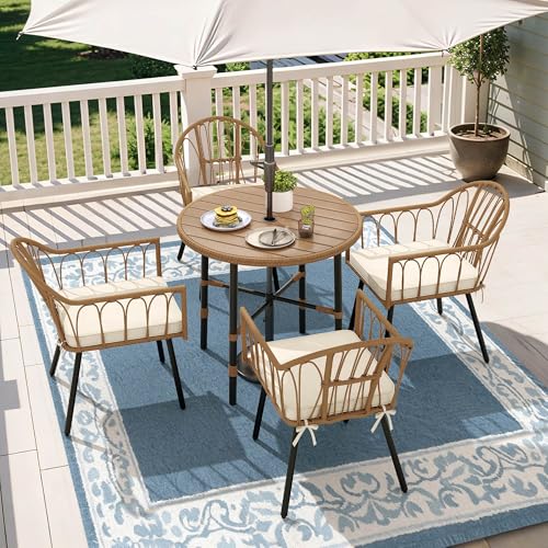YITAHOME 5 Pieces Patio Dining Table Chair Set, Outdoor Table and Chairs with Umbrella Hole, Patio Furniture Set Outdoor Rattan Dining Table Set for Patio, Backyard, Balcony, Garden