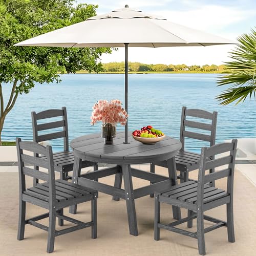 PamapicLife 5 Piece Round Outdoor Dining Set, Relaxing HDPE Outdoor Table and Chairs with 105° Ergonomic Backrest, All-Weather Patio Table and Chairs Set with Umbrella Hole for Porch, Poolside, Gray