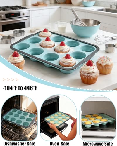 LGQUK Silicone Muffin Pan for Baking with Metal Frame， Nonstick Cupcake Pan， 12 Cup Baking Pan for Cupcake, Tarts, Egg Bites(12 Cup Green)