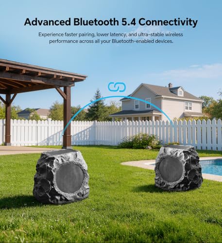 Upgraded Outdoor Rock Speaker 60W Deep Bass Multi-Sync up to 100Pcs, Remote Control, IPX7 Waterproof Solar-Powered Bluetooth Speaker Perfect for Pool, Garden, Patio, Ideal for Music Lovers - 2 Packs