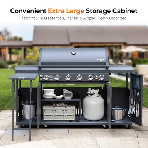 Brand-Man 6-Burner Gas Outdoor Kitchen Grill Island with Side Burner - 72,000 BTU Stainless Steel BBQ Grill Station with Storage Cabinets, Fold-out Prep Table, LPG/NG Convertible, Gray