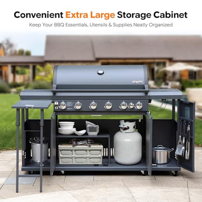 Brand-Man 6-Burner Gas Outdoor Kitchen Grill Island with Side Burner - 72,000 BTU Stainless Steel BBQ Grill Station with Storage Cabinets, Fold-out Prep Table, LPG/NG Convertible, Gray