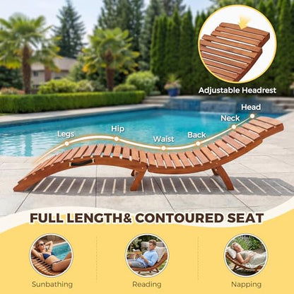 Flamaker Lounge Chairs for Outside Folding Acacia Wood Chaise Lounge with Side Handle Sun Lounger for Poolside, Lawn, Backyard (2 Piece)