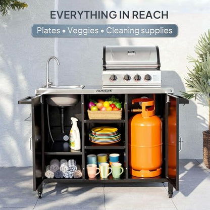 ROVSUN Outdoor Grill Cart with Sink, 304 Stainless Steel Sink with Gas Storage Area, Rolling Kitchen Prep Table with Cabinet, Paper Rack, Rubbish Rack, for Backyard Cooking, Gardens, Patio
