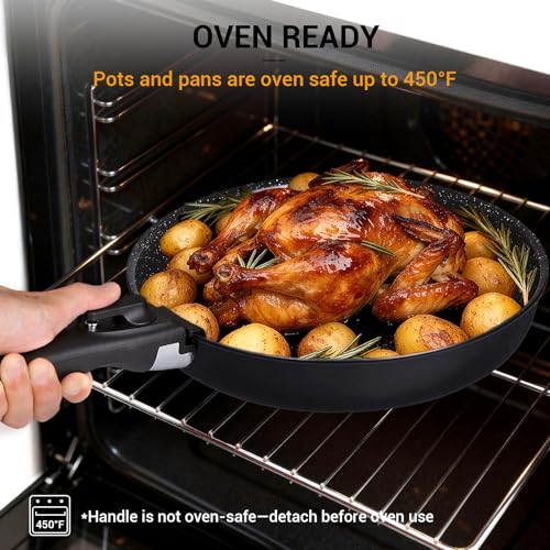 Ammeloo 21-Piece Ceramic Pots and Pans Set Non Stick with Detachable Handles and Egg Frying Pan, Non-Toxic Cookware, Induction Ready, Oven Safe, Stackable for Storage, Black Speckled