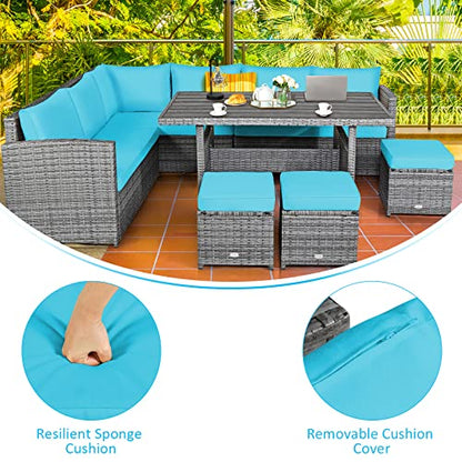 Tangkula 7 Pieces Patio Furniture Set, Outdoor Sectional Rattan Dining Sofa Set with Cushions, All Weather Wicker Conversation Couch Set with Dining Table & Ottomans for Yard Garden Poolside
