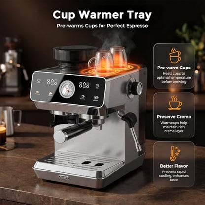 MOEFO Espresso Machine with Grinder, 20-Bar Programmable Semi-Automatic Coffee Maker, Visual Pressure Gauge & Touchscreen, Compact Design with Tamper, Make Americano, Latte, Silver