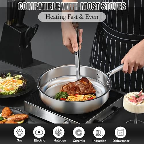 ASKSCICI Stainless Steel Cookware Set, 16-Piece Pots and Pans Set Non Toxic, Kitchen Induction Cookware with Glass Lids, Steamer, Utensil Sets, Pot Protectors & Apron, Oven & Dishwasher Safe, Silver