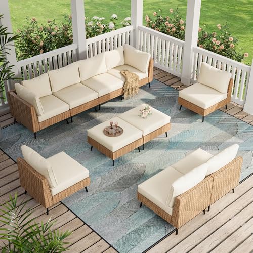 LAUSAINT HOME Outdoor Patio Furniture, 10 Piece Outdoor Sectional Sofa PE Rattan Wicker Patio Conversation Sets, All Weather Patio Furniture Set with Thick Cushions for Garden, Backyard(Beige)