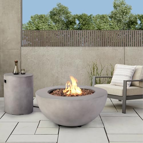 ReeQuo 2-Piece Outdoor Propane Fire Pit Table Set w/Tank Cover Table, 31.5-inch 50,000 BTU Bowl Concrete Firepit SUS201 Round Burner with Steel Lid, Lava Rocks, Rain Cover…