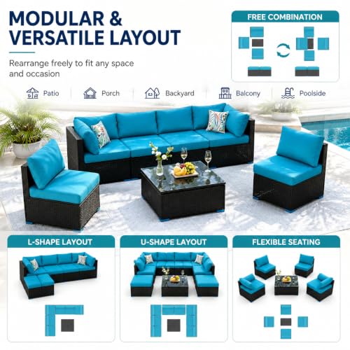 7 Piece Outdoor Sectional Patio Furniture Set with Coffee Table, Blue