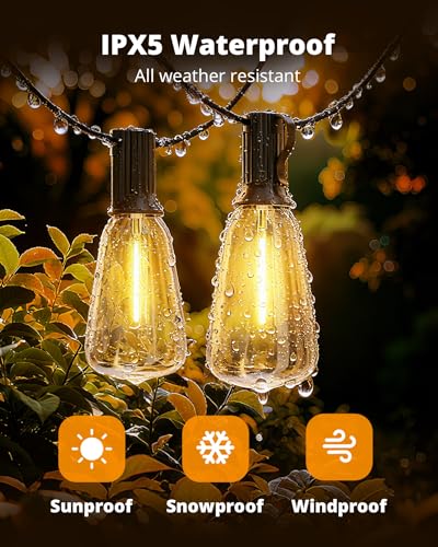 VIPAR LED Outdoor String Lights, 100FT Patio Lights with 32 Edison Shatterproof Bulbs, IPX5 Waterproof Outside Hanging Light Connectable for Backyard Porch Balcony Garden Deck Decor, E12 Base, Black