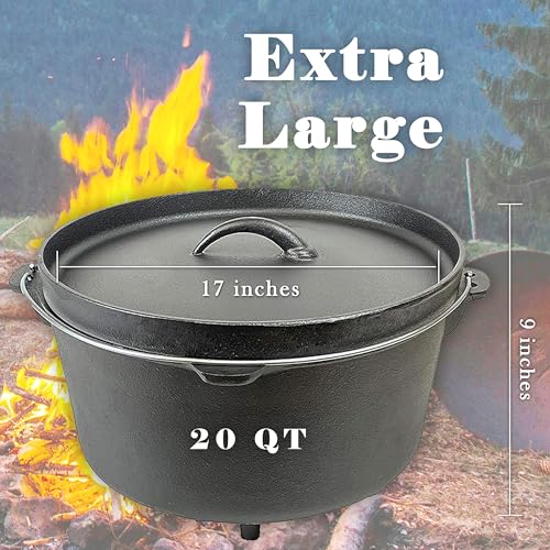 Cuisiland 20QT Cast Iron Dutch Oven with Lip Lid & Bail Handle – Extra Large Pre-Seasoned Campfire Pot for Outdoor Cooking, Baking, Roasting & Stews – Heavy-Duty Cookware for Camping & Backyard Use