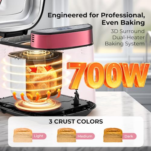 Rosewill 25-in-1 Automatic Bread Maker with Built-in Digital Scale, 3 Loaf Size up to 2.5LB, Beginner-Friendly w/ 700W High Power Dual Heater System, BPA-Free Nonstick Coating Pan - Pink Peppercorn
