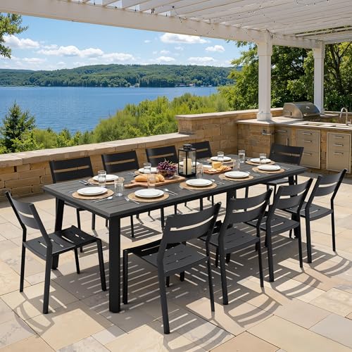 PATIOHIT 11-Piece Aluminum Outdoor Dining Set, 94" Extra Large Rectangular Patio Table and Stackable Armless Chairs Rust Proof Furniture for Family Gatherings BBQs Parties, Black