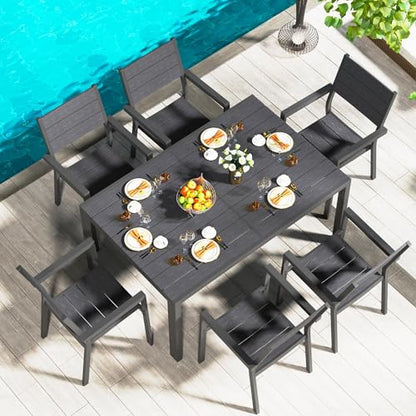 AECOJOY 7 Piece Outdoor Dining Set, 60" x 36" Aluminum Patio Table and Chairs Set for 6 with Rectangular Table and Stackable Chairs for Garden, Backyard, Black