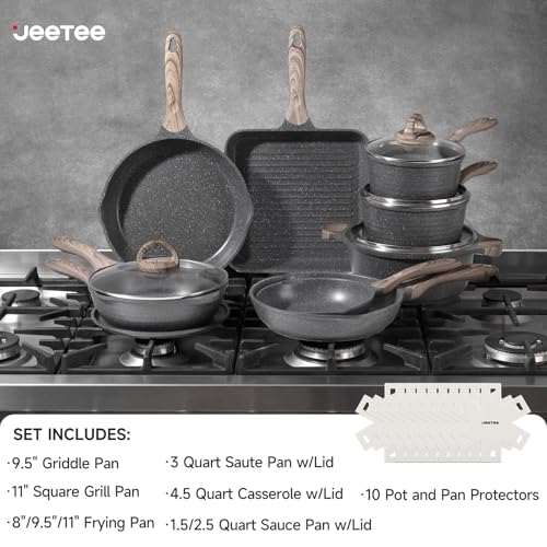 JEETEE Pots and Pans Set Non Stick 23pcs, Healthy Kitchen Cookware Sets, Induction Cooking Set W/Gray Frying Pans, Saucepans, Sauté & Griddle & Crepe Pan (PFOA, PFAS Free)