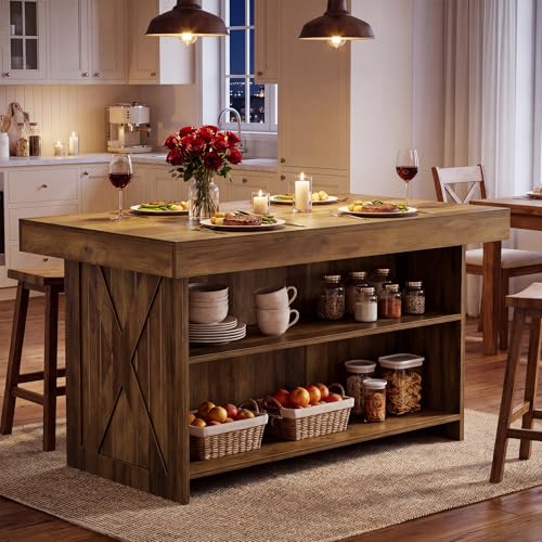 Tribesigns 55-Inch Kitchen Island with Storage Shelves, Farmhouse Island Table with Seating, Counter Height Bar Table for Kitchen, Dining Room, Easy to Assemble, Rustic Brown
