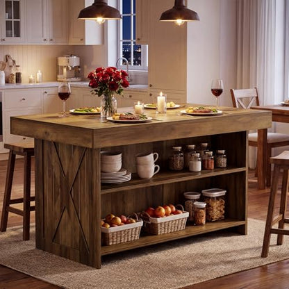 Tribesigns 55-Inch Kitchen Island with Storage Shelves, Farmhouse Island Table with Seating, Counter Height Bar Table for Kitchen, Dining Room, Easy to Assemble, Rustic Brown