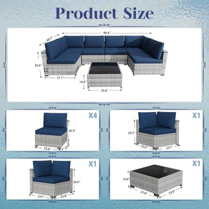 KIGOTY Patio Furniture Set,7 Pieces Modular Outdoor Sectional Sofa, PE Rattan Patio Conversation Set, All Weather Wicker Patio Furniture with Cushions and Coffee Table（Grey White/Dark Blue）