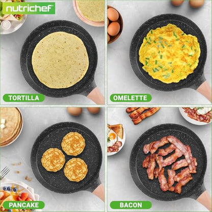 NutriChef 9.45” Non-Stick Crepe Pan with Wooden Spreader, Durable Marble Coated Dosa Pan, Bakelite Handle and Induction Bottom, PFOA/PFOS Free, Dishwasher Safe, Even Heat Distribution (Black Marble)