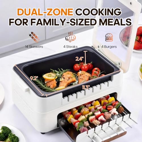 MIOAOTCE 3-IN-1 Skewer Electric Indoor Grill - 1000W Electric Grill with 360° Auto-Rotating, Smokeless Indoor Grill with 3 Cooking Modes, Temperature Adjustable, Removable Tempered Glass Lid