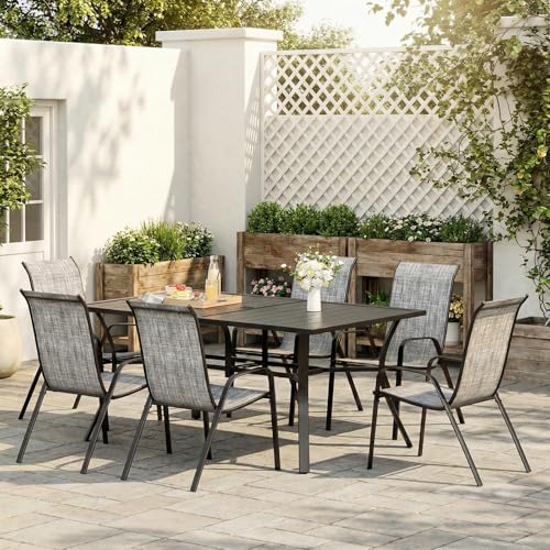 TLSUNNY 7 Piece Patio Dining Set for 6, Outdoor Table and Chairs W/1.6" Adjustable Umbrella Hole & Foot Pads, 63''x38'' Rectangular Metal Table and Stackable Textilene Chair (Grey)