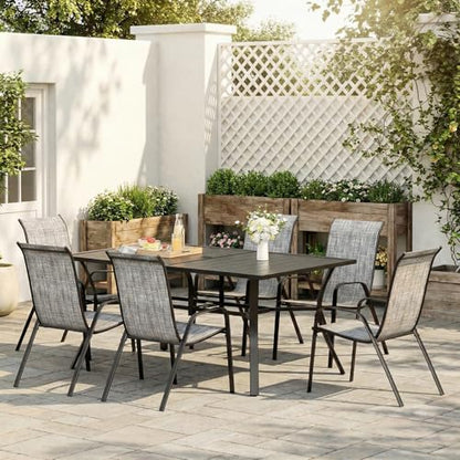 TLSUNNY 7 Piece Patio Dining Set for 6, Outdoor Table and Chairs W/1.6" Adjustable Umbrella Hole & Foot Pads, 63''x38'' Rectangular Metal Table and Stackable Textilene Chair (Grey)