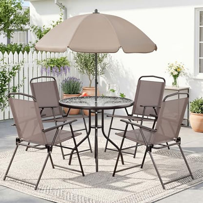 TLSUNNY 6 Pieces Glass Table and Folding Textilene Chairs with 65″ Umbrella