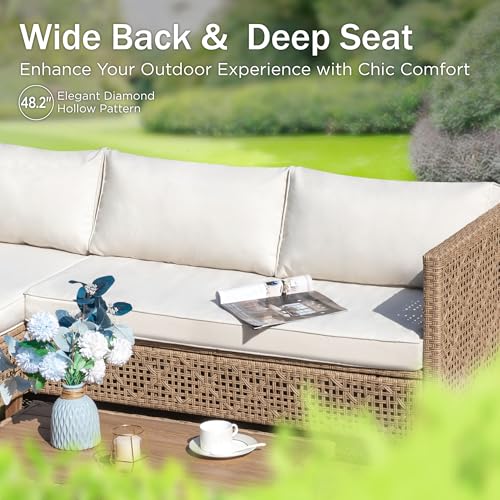PHI VILLA Outdoor Sectional Couch, Small L-Shaped Patio Sofa Sets, Beige