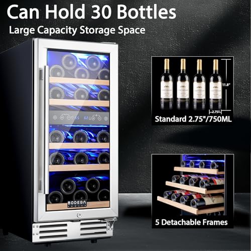 BODEGA 15 Inch Dual Zone Wine Fridge, 30 Bottle, Black 15” Wine Cooler Under Counter For Home and Kitchen, With Double-Layer Glass Door, Wine Refrigerators Free standing with Temperature Control.