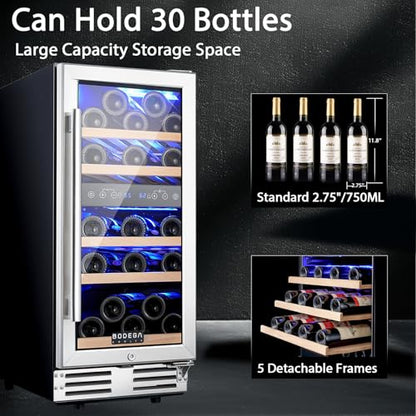 BODEGA 15 Inch Dual Zone Wine Fridge, 30 Bottle, Black 15” Wine Cooler Under Counter For Home and Kitchen, With Double-Layer Glass Door, Wine Refrigerators Free standing with Temperature Control.