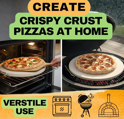 Large Pizza Stone for Oven 16 inch - Round Pizza Stone for Grill with Handles, Wood Pizza Peel and Cutter Set - Baking Stone for Bread - Pizza Making Kit Accessories - Gifts for Food Lovers