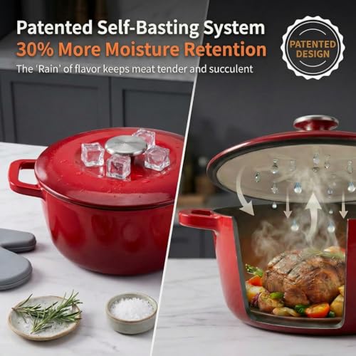 WOKINS 7QT Enamel Cast Iron Dutch Oven with Lid,Dual Handles,Versatile Heavy-Duty Non-toxic Cookware for Sourdough Bread Baking,Braising,Stews,Roasting,Oven Safe up to 500°F red