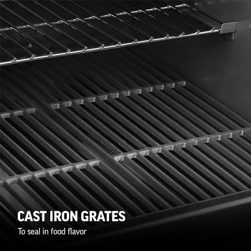 Char-Griller® Texas Trio 3-Burner Gas & Charcoal Grill and Smoker, Push Button to Ignite, Dual temperature Guages, Side Burner, Includes Side Firebox, 1,390 Cooking Square Inches, Black, Model# 3070