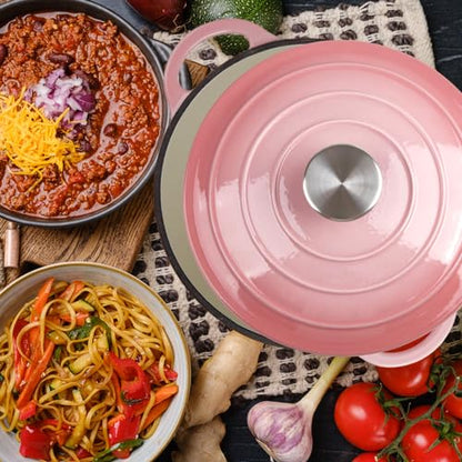 6 Quart Dutch Oven Enameled Cast Iron with Lid - Big Dual Handles - Oven Safe up to 500°F - Classic Round Pot for Versatile Cooking Pink