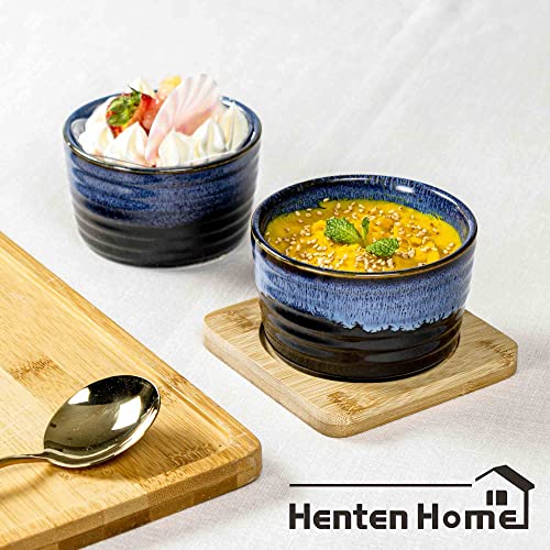 Henten Home Ceramic 8 oz Ramekins Set of 6, Porcelain Souffle and Creme Brulee Ramekins, Oven Safe Small Bowls, Reactive Glaze (Blue)