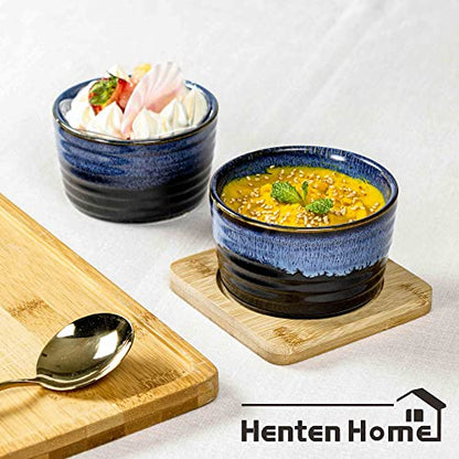 Henten Home Ceramic 8 oz Ramekins Set of 6, Porcelain Souffle and Creme Brulee Ramekins, Oven Safe Small Bowls, Reactive Glaze (Blue)