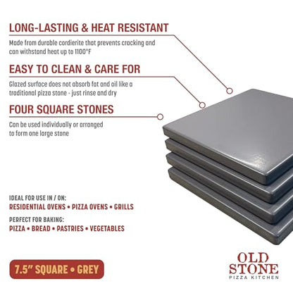 Old Stone 4-Piece Glazed Cordierite Pizza Stone Set, Four 7.5 inch Stones Form 15 x15 inch Baking Surface, Durable, Heat-Resistant for Oven & Grill