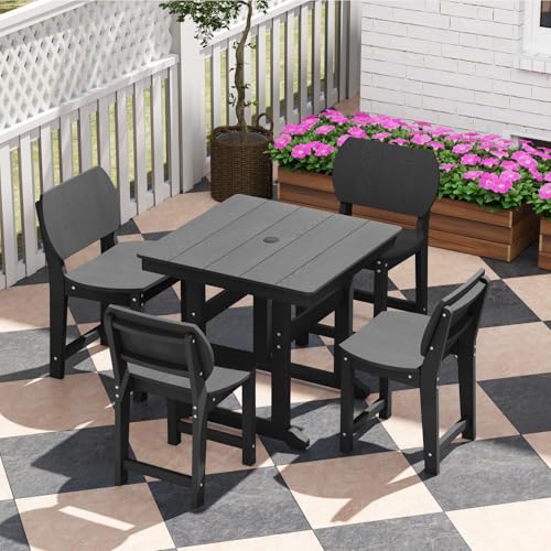 BIVODA 5-Piece HDPE Outdoor Dining Set, Weatherproof Patio Table and Chairs Set for 4, Includes 1 Square Table and 6 Armless Chairs, with Umbrella Hole (Black)