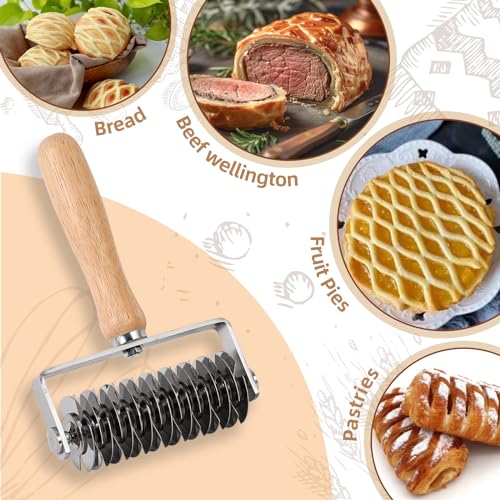 JuyVerq Pastry Lattice Roller Cutter, Stainless Steel Lattice Dough Cutter Wood Handle, Professional Pastry Crust Cutter, Household Time-Saver Cutting Tool Pie Bread Beef Wellington Pizza