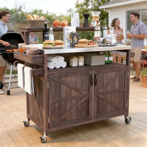 Hennhari Outdoor Kitchen Island with Stainless Steel Top & Raised Shelf, Rolling Grill Cart with Spice & Towel Rack, Outdoor Island Table with Storage Cabinet & Hooks (Brown)