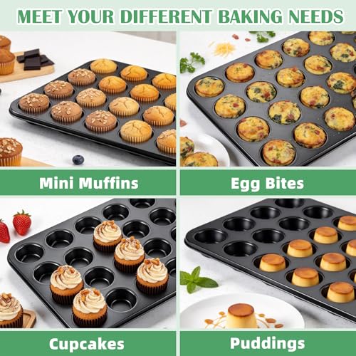 P&P CHEF 24-Cup Mini Muffin Pan Tin, Nonstick Carbon Steel Cupcake Pans, Versatile Bakeware Ideal for Mini Muffin Cupcake Egg Tart Pudding, Oven Safe & Even Bake, Healthy & Easy Clean, Black, 2Pcs