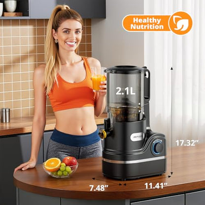AIRMSEN Juicer Machines, 5.8" Feed Chute Cold Press Juicer for Whole Fruit and Vegetable, 2.2 qt Auto-Feed Time-Saver, 7+1-Stage New Upgraded Auger Slow Masticating High Yield, Easy to Clean Black