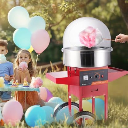 VEVOR Electric Cotton Candy Machine Cart with Cover, Commercial Floss Maker w/Stainless Steel Bowl, Sugar Scoop and Drawer, Perfect for Home, Carnival, Kids Birthday, Family Party, Red