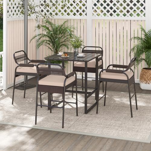 Tangkula 5-Piece Patio Rattan Bar Set, Counter Height Square Table with 4 Wicker Counter Stools, All-Weather Tabletop, Cushioned Outside Dining Set for Poolside, Backyard (Brown)