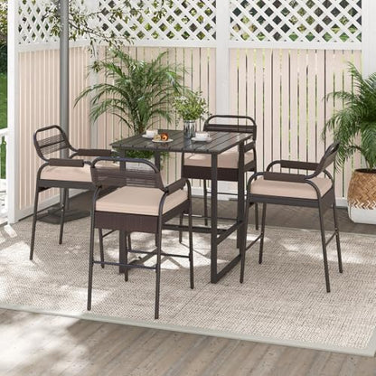 Tangkula 5-Piece Patio Rattan Bar Set, Counter Height Square Table with 4 Wicker Counter Stools, All-Weather Tabletop, Cushioned Outside Dining Set for Poolside, Backyard (Brown)