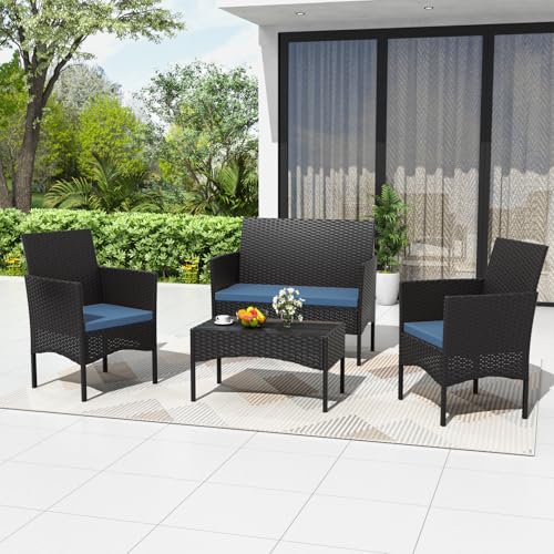 ASJMR 4 Piece Patio Rattan Conversation Set, Outdoor Rattan Chair Wicker Furniture Set, Couple Seats and Tempered Glass Table,Comfort Seat for Patio, Pool or Backyard, Navy
